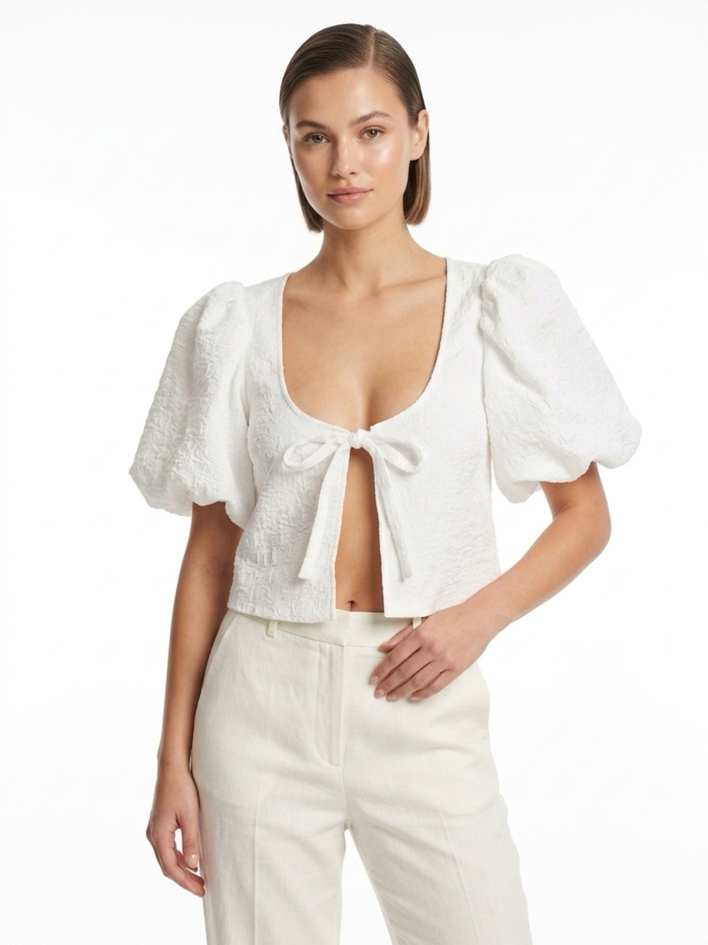 LPA Rita Crop Top Puff Sleeve Tie Front Textured Coconut Milk M